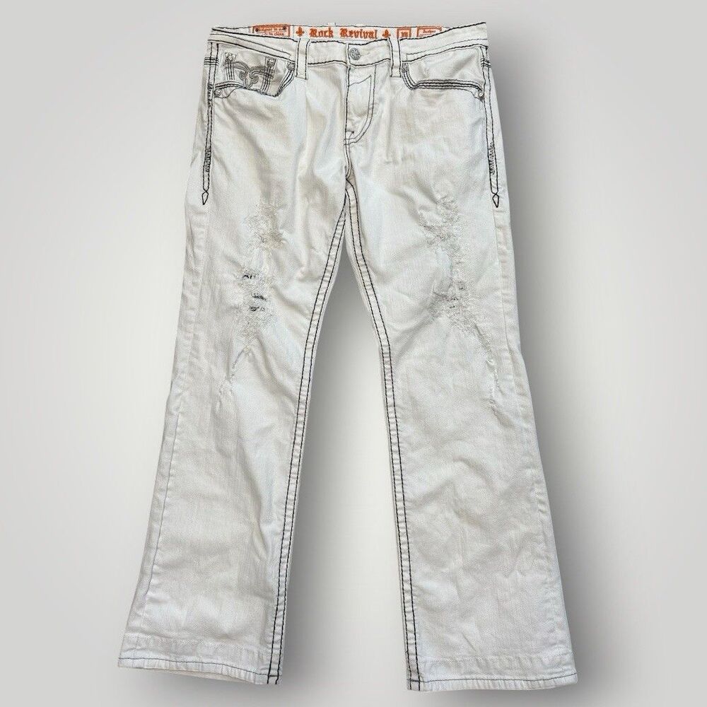 ROCK REVIVAL Jeans Juniper Slim Straight Leg Men’s Size 38 White Distressed